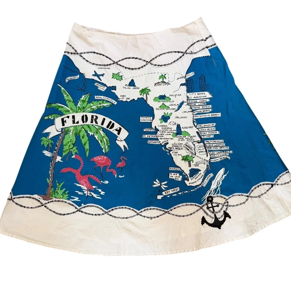 Basil & Maude Florida Souvenir Map‎ Skirt Sequin Flamingo Tropical Blue White 10